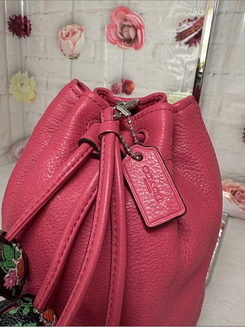 Coach Pebbled Leather Drawstring Mini Bucket Bag with 4 Leather Tea Roses - Picture 6 of 11